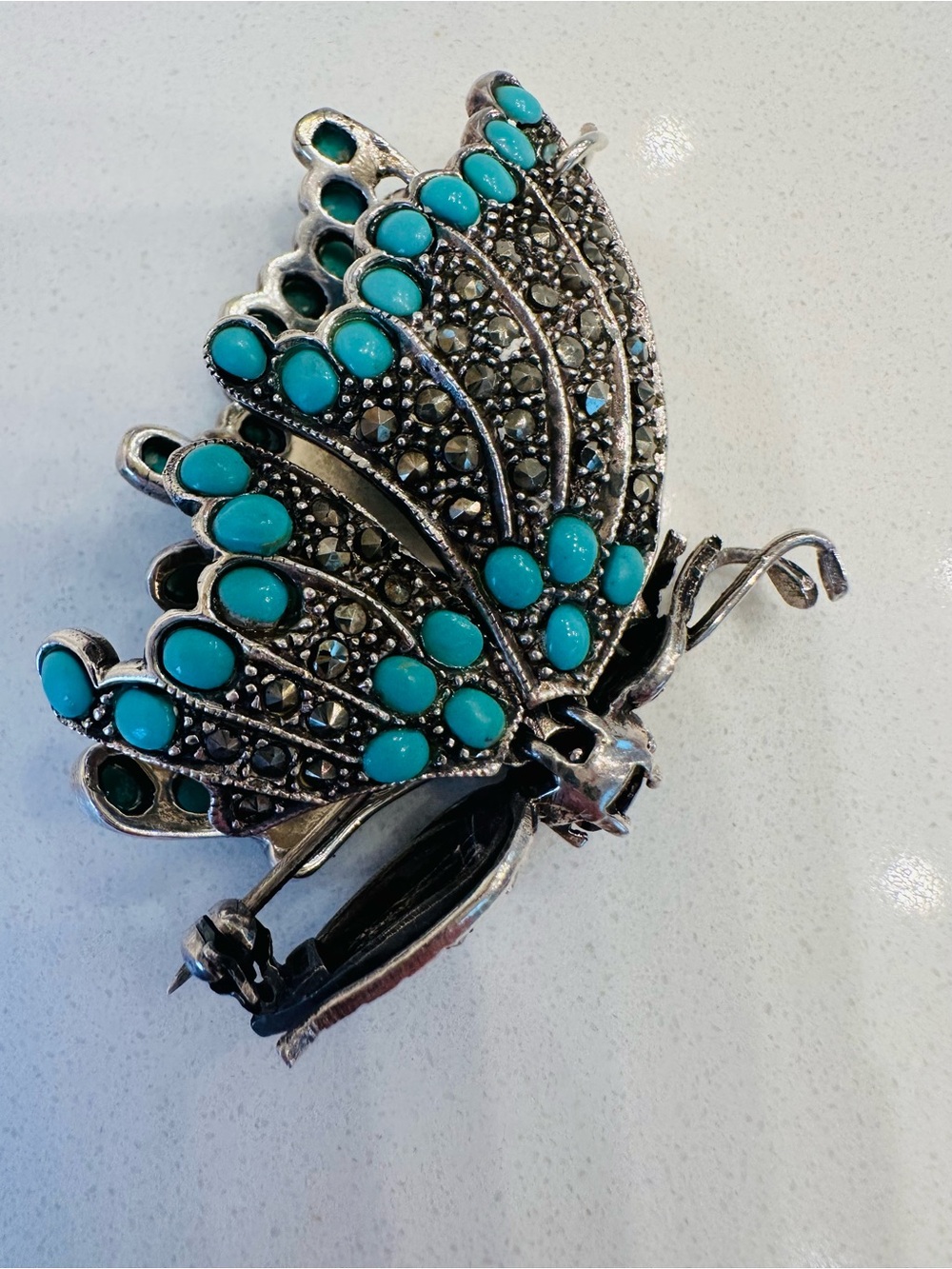 Vintage Sterling Silver Turquoise and Marcasite Butterfly Hinged Brooch/pendant - Picture 5 of 9